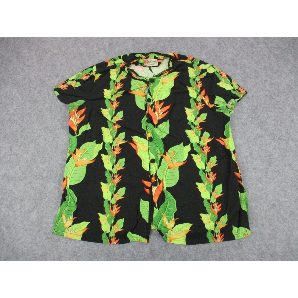 Hilo Hattie Shirt Womens Green Black Floral Band Hawaiian Birds Of Paradise